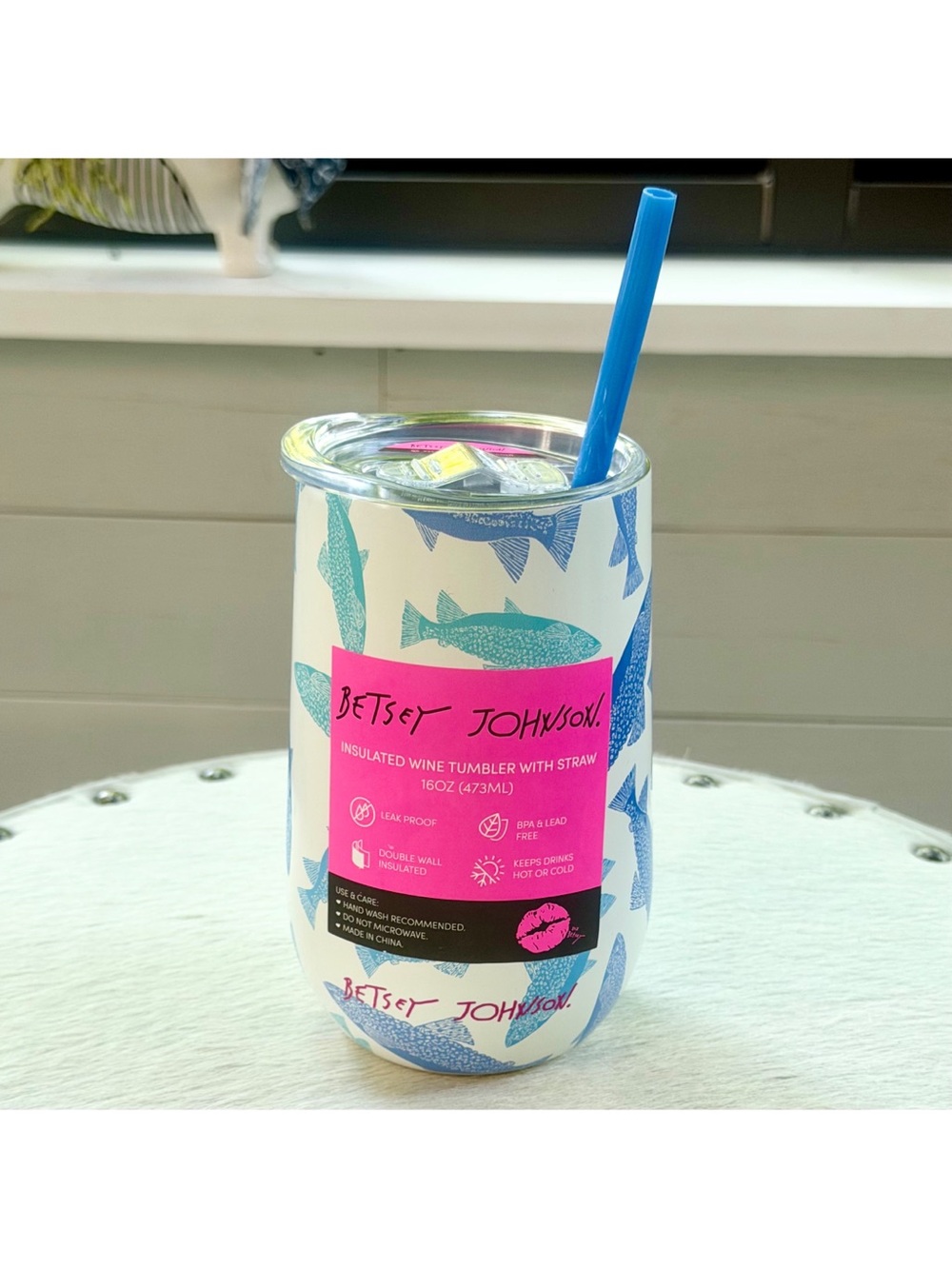Betsey Johnson Insulated Wine Tumbler 16oz Hot Cold White Blue Fish Kitschy NWT